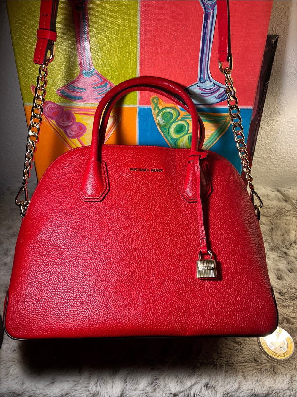 Deep Red Michael Kors Pebbled Leather Dome Satchel with Gold Chain Strap